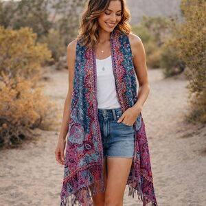 Raj Boho Embroidered Fringe Duster Vest One Size